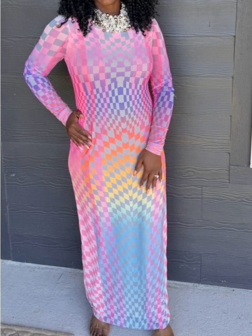 AFRM Pink Multi-Color Checkerboard Long Sleeve Maxi Dress